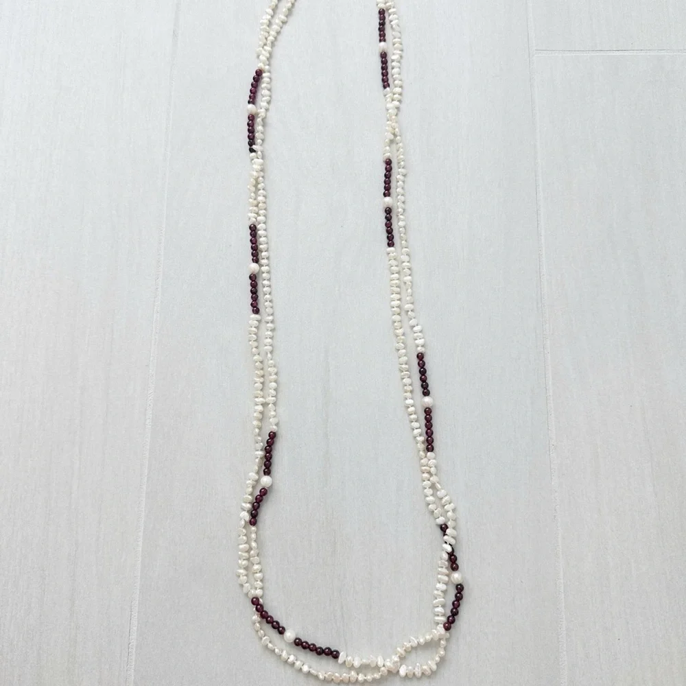 Genuine Pearls & Garnet Necklace White Red 64